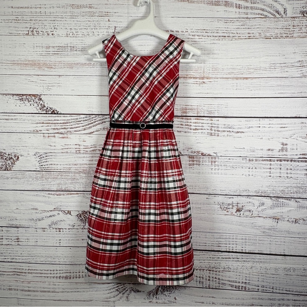 Jona Michelle Red Plaid Metallic Sleeveless Dress
